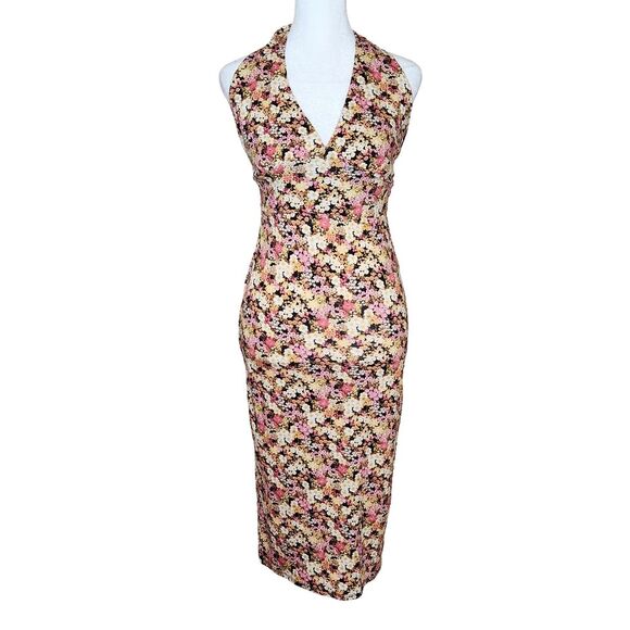 Forever 21 Halter Neck Midi Dress Pink Yellow Black Floral Stretch Jersey Medium - Picture 2 of 12